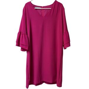 Belongsci Hot Pink Ruffle Bell Sleeve V-Neck Festival Color Pop Shift Dress XL